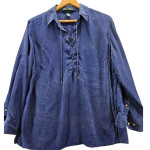 LAUREN Ralph Lauren Blouse Blue Burnout 100%  Silk Lace Up Long  Peasant 1X